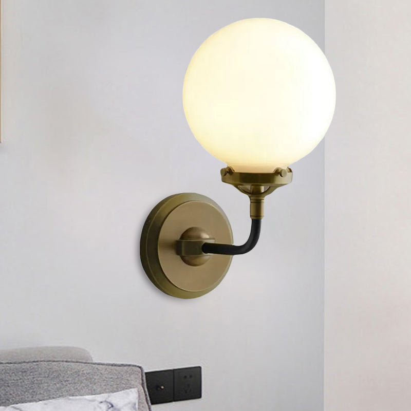 Sikunuo | Modern Globe Shade Wall Lamp Fixture 1/2-Bulb Opal Glass Sconce Light in Antique Brass/Chrome