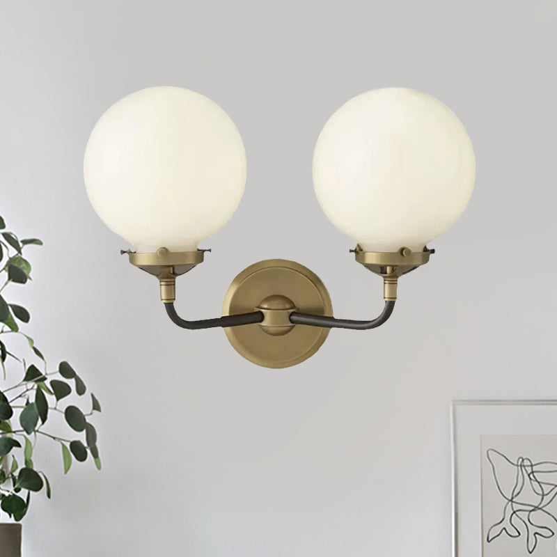 Sikunuo | Modern Globe Shade Wall Lamp Fixture 1/2-Bulb Opal Glass Sconce Light in Antique Brass/Chrome