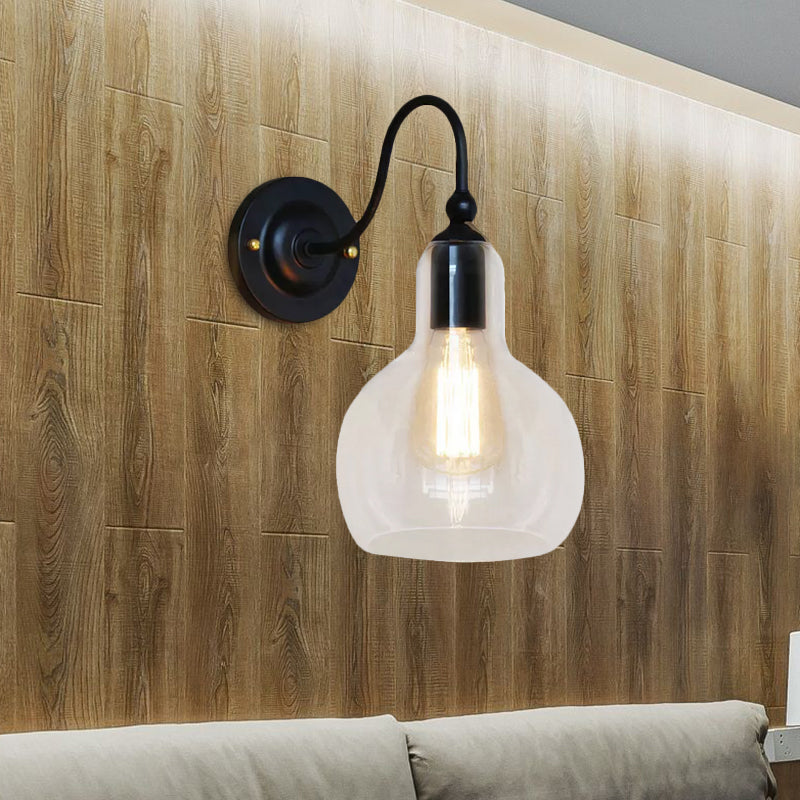 Sikunuo | One Pear Wall Light with Pumpkin Shade Clear Glass Industrial Corridor Wall Lamp in Black