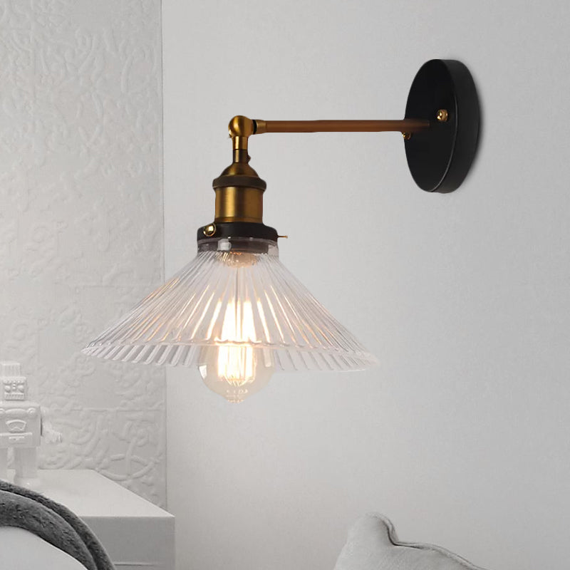 Sikunuo | Clear Ribbed Glass Cone/Flower Wall Lamp Industrial 1 Light Living Room Lighting Fixture in Brass for Dining Room