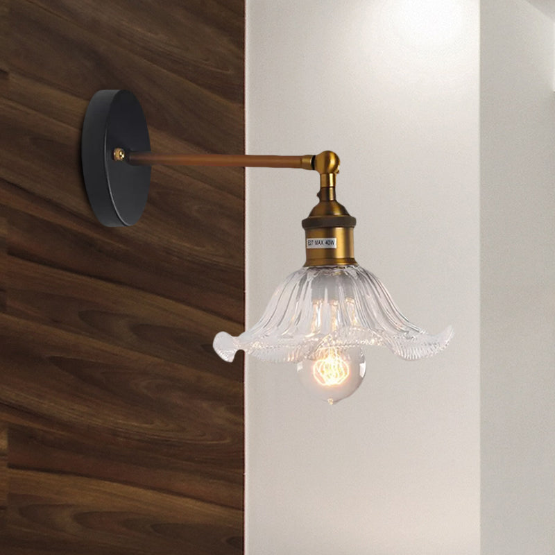 Sikunuo | Clear Ribbed Glass Cone/Flower Wall Lamp Industrial 1 Light Living Room Lighting Fixture in Brass for Dining Room