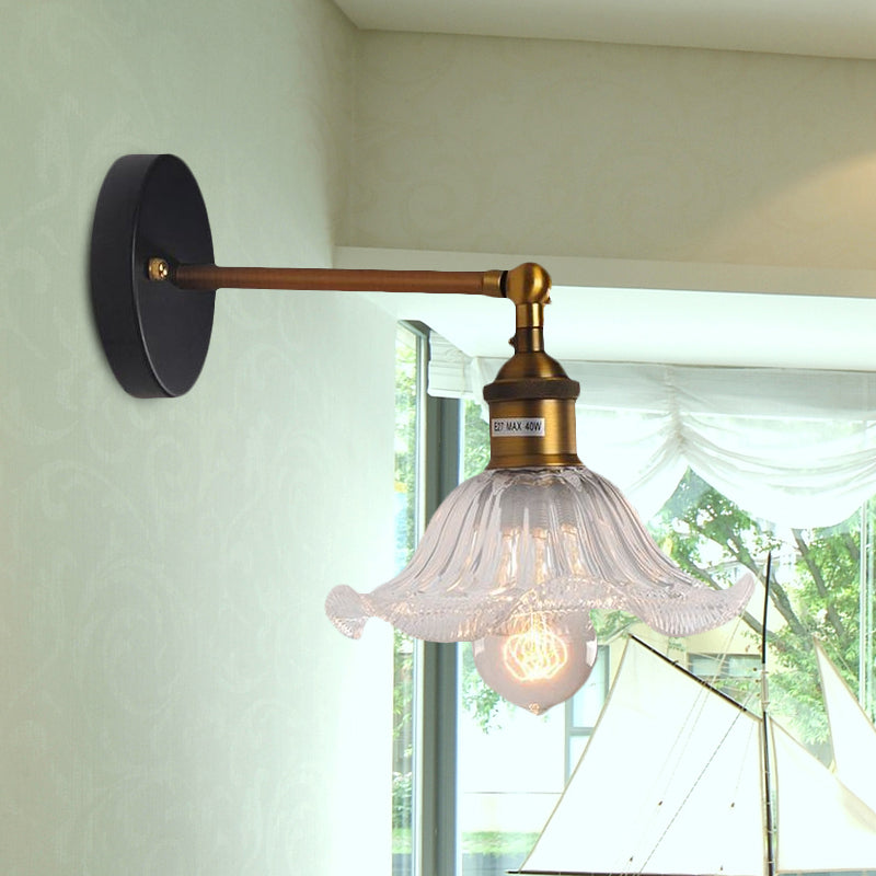Sikunuo | Clear Ribbed Glass Cone/Flower Wall Lamp Industrial 1 Light Living Room Lighting Fixture in Brass for Dining Room
