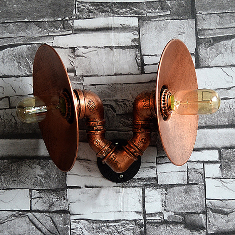 Sikunuo | Dark Rust Round Wall Light Rustic Style Wrought Iron 2 Bulbs Bedroom Wall Mounted Light with Pipe