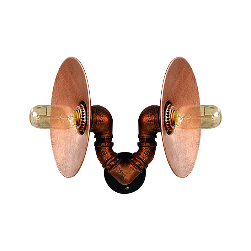 Sikunuo | Dark Rust Round Wall Light Rustic Style Wrought Iron 2 Bulbs Bedroom Wall Mounted Light with Pipe