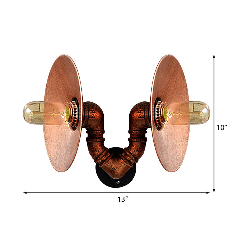Sikunuo | Dark Rust Round Wall Light Rustic Style Wrought Iron 2 Bulbs Bedroom Wall Mounted Light with Pipe
