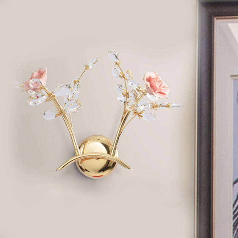 Sikunuo | Branches Hall Wall Light Contemporary Clear Crystal Raindrops 2 Heads Gold Wall Mount Lamp with Rose Design