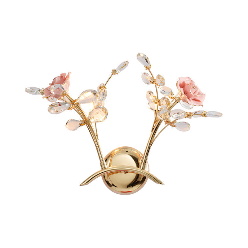 Sikunuo | Branches Hall Wall Light Contemporary Clear Crystal Raindrops 2 Heads Gold Wall Mount Lamp with Rose Design