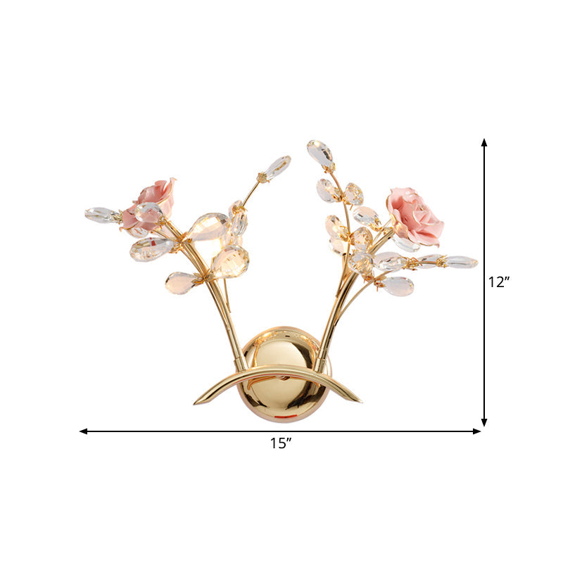 Sikunuo | Branches Hall Wall Light Contemporary Clear Crystal Raindrops 2 Heads Gold Wall Mount Lamp with Rose Design
