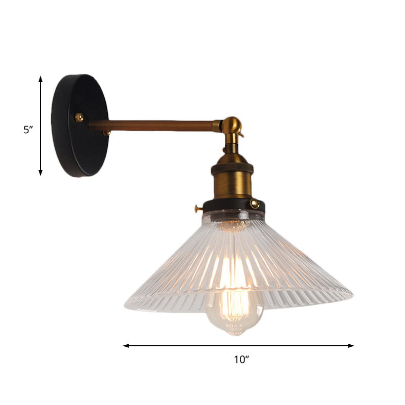 Sikunuo | Clear Ribbed Glass Cone/Flower Wall Lamp Industrial 1 Light Living Room Lighting Fixture in Brass for Dining Room
