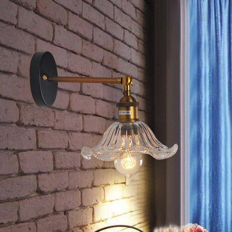 Sikunuo | Clear Ribbed Glass Cone/Flower Wall Lamp Industrial 1 Light Living Room Lighting Fixture in Brass for Dining Room