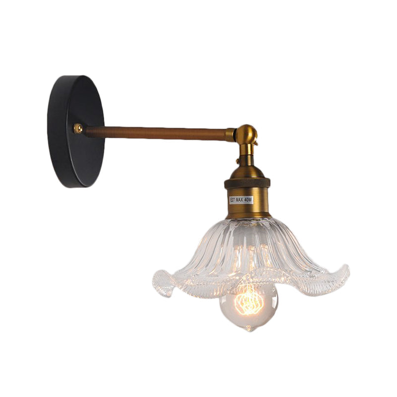 Sikunuo | Clear Ribbed Glass Cone/Flower Wall Lamp Industrial 1 Light Living Room Lighting Fixture in Brass for Dining Room