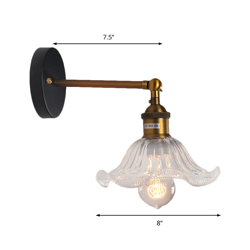 Sikunuo | Clear Ribbed Glass Cone/Flower Wall Lamp Industrial 1 Light Living Room Lighting Fixture in Brass for Dining Room