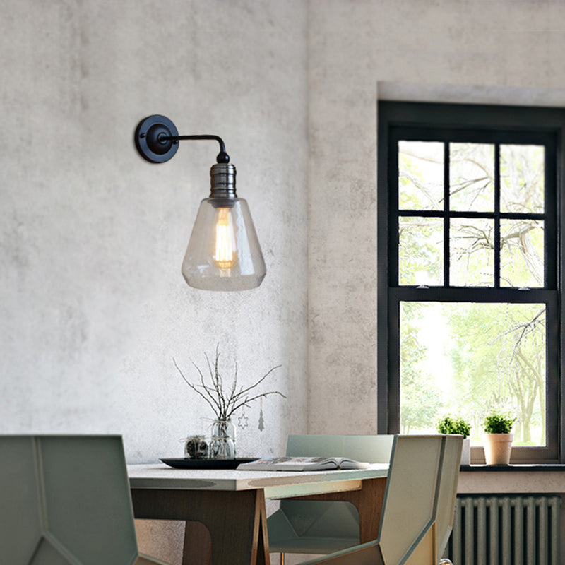 Sikunuo | Rustic Style Tapered Shade Wall Lighting Fixture Single Gloss Clear Glass Wall Lamp in Black for Kitchen