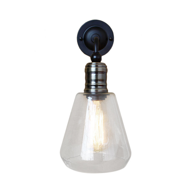 Sikunuo | Rustic Style Tapered Shade Wall Lighting Fixture Single Gloss Clear Glass Wall Lamp in Black for Kitchen