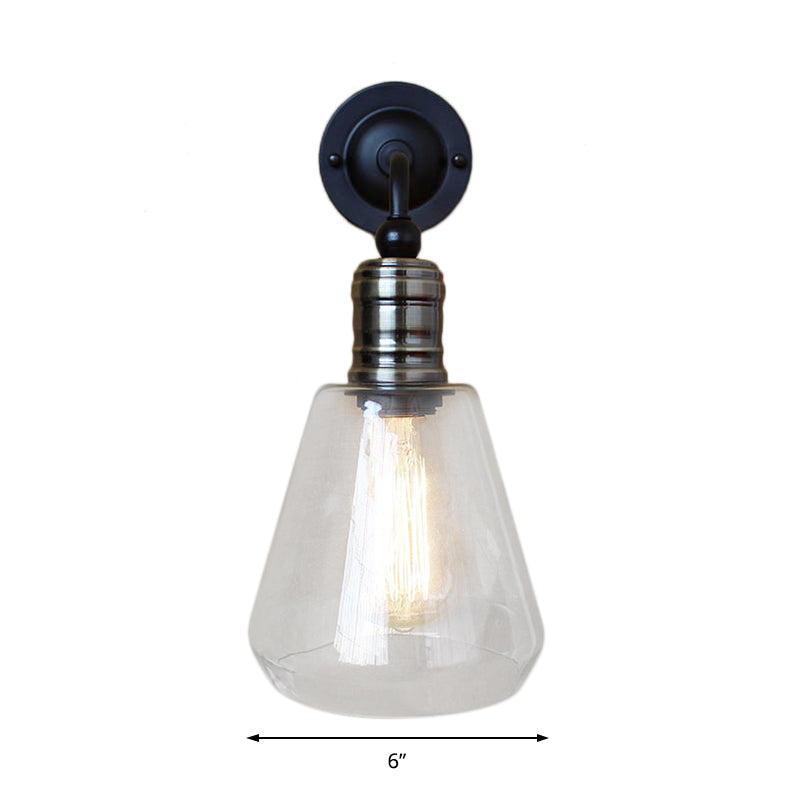 Sikunuo | Rustic Style Tapered Shade Wall Lighting Fixture Single Gloss Clear Glass Wall Lamp in Black for Kitchen