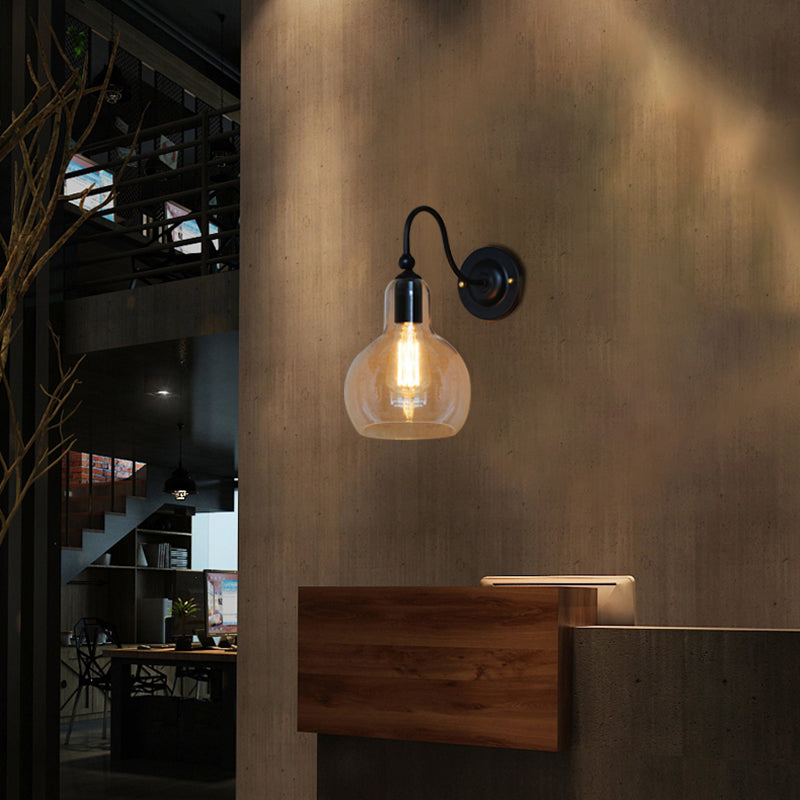 Sikunuo | One Pear Wall Light with Pumpkin Shade Clear Glass Industrial Corridor Wall Lamp in Black