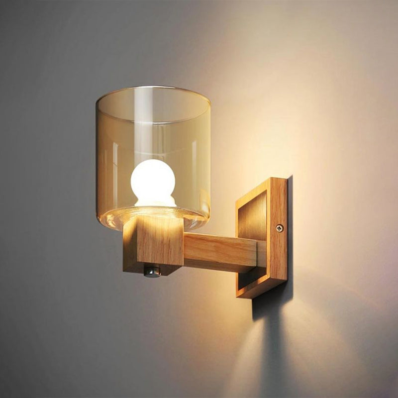 Sikunuo | Cognac Glass Cylinder Wall Lamp Nordic Style 1 Light Mini Wall Sconce Made of Wood