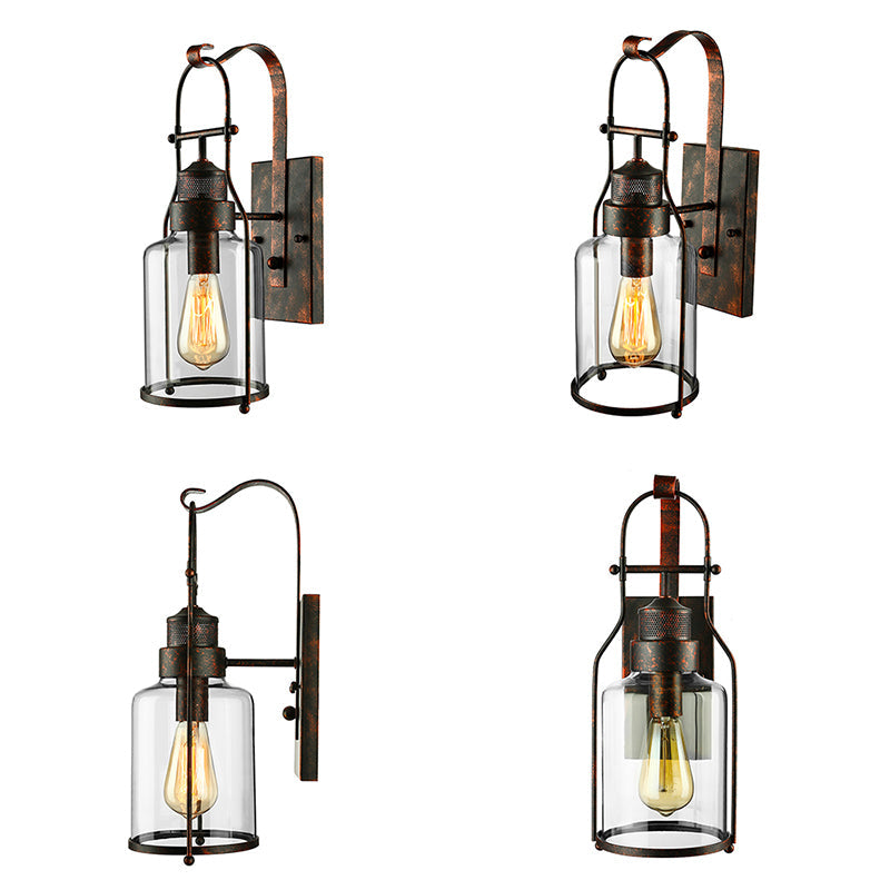 Sikunuo | Cylinder clear glass wall-mounted lamp industrial single bulb living room wall sconce in black/white/rust with cage