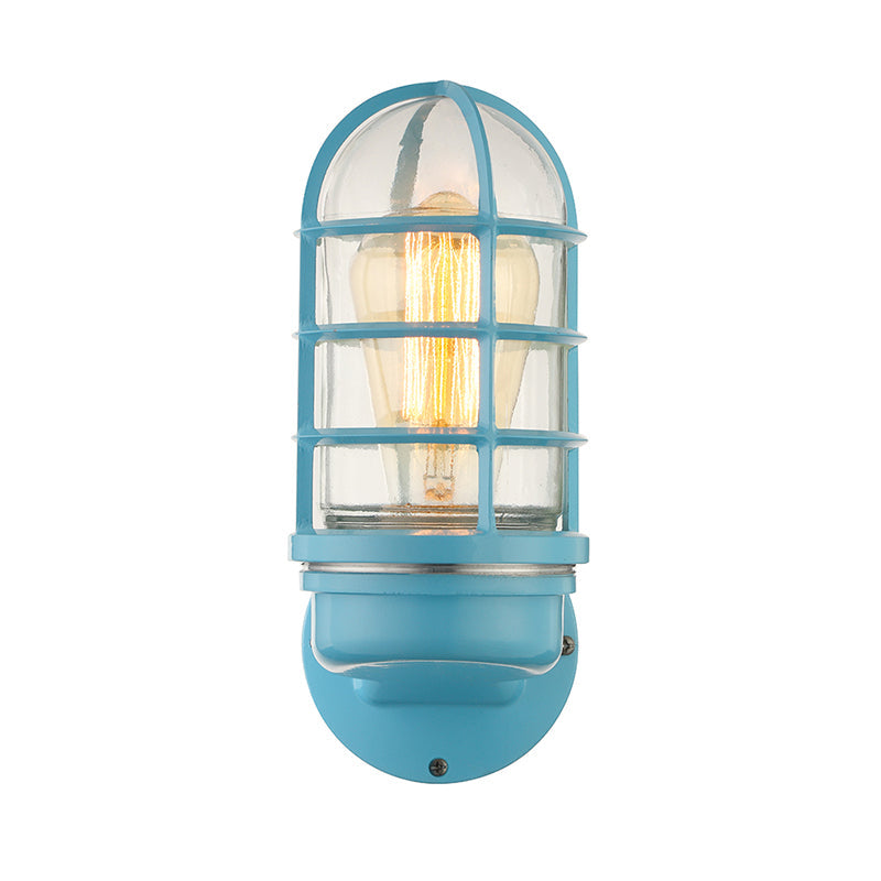 Sikunuo | Cylinder Clear Glass Wall Mounted Lamp Industrial Single Bulb Living Room Wall Light in Pink/Blue/Green with Cage