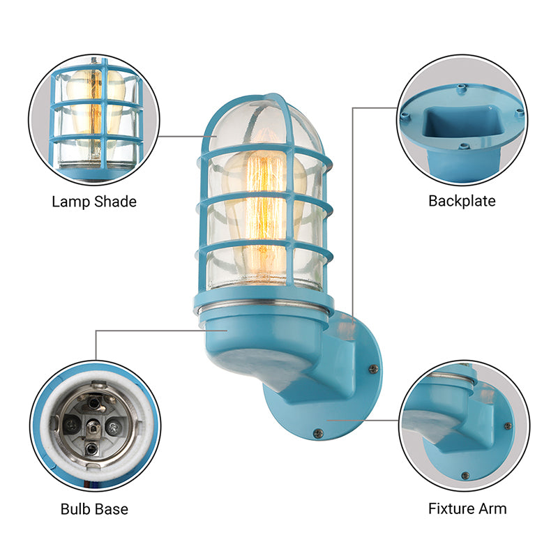 Sikunuo | Cylinder Clear Glass Wall Mounted Lamp Industrial Single Bulb Living Room Wall Light in Pink/Blue/Green with Cage