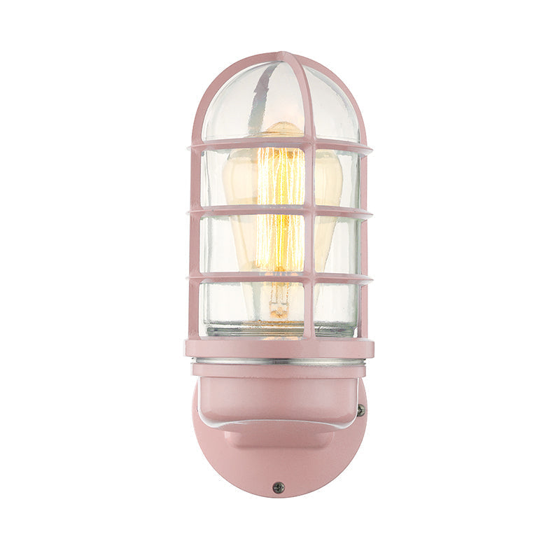 Sikunuo | Cylinder Clear Glass Wall Mounted Lamp Industrial Single Bulb Living Room Wall Light in Pink/Blue/Green with Cage