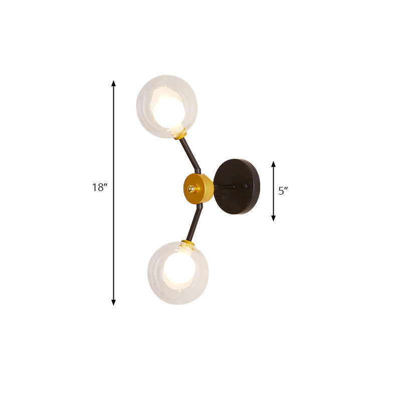 Sikunuo | 2 Light Bedroom Wall Light with Global Clear Glass Shade Modern Black LED Wall Mounted Light