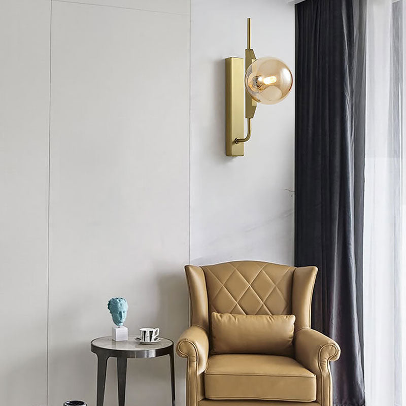 Sikunuo | LED Bedroom Wall Light with Spherical Smoky/White/Amber Glass Shade Modern Brass Wall Mount Light