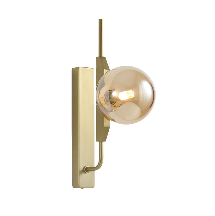 Sikunuo | LED Bedroom Wall Light with Spherical Smoky/White/Amber Glass Shade Modern Brass Wall Mount Light