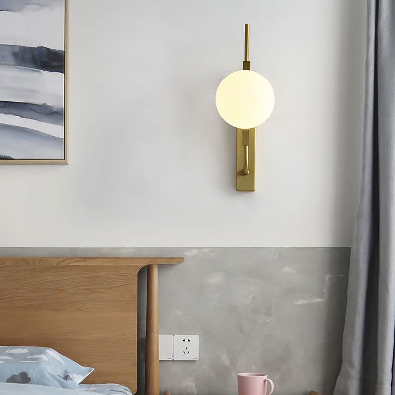 Sikunuo | LED Bedroom Wall Light with Spherical Smoky/White/Amber Glass Shade Modern Brass Wall Mount Light
