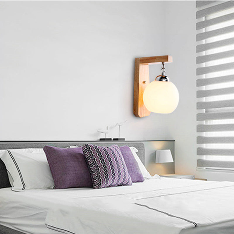 Sikunuo | Modern Globe Pendant Light Opal Glass 1-Bulb White Wall Lamp with Wooden Base for the Bedroom