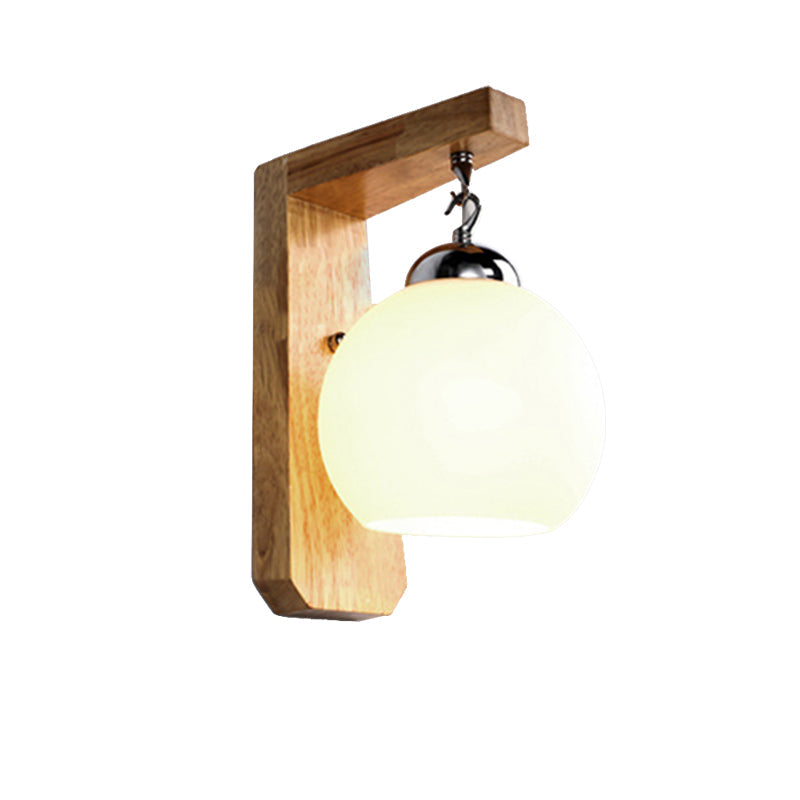 Sikunuo | Modern Globe Pendant Light Opal Glass 1-Bulb White Wall Lamp with Wooden Base for the Bedroom
