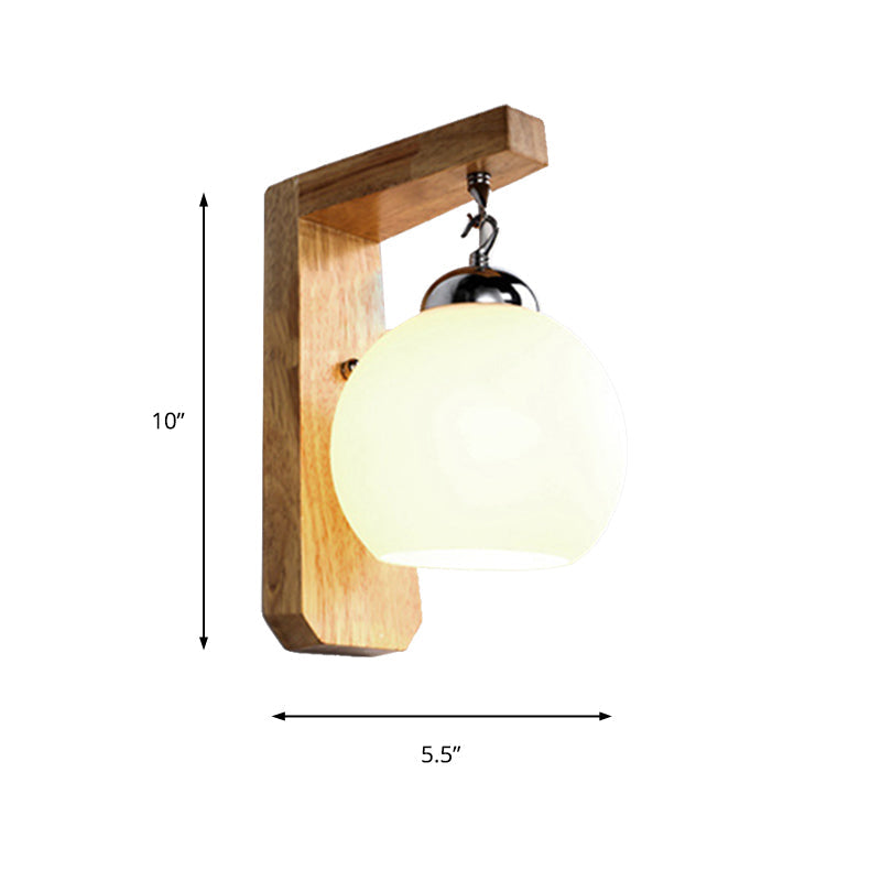 Sikunuo | Modern Globe Pendant Light Opal Glass 1-Bulb White Wall Lamp with Wooden Base for the Bedroom