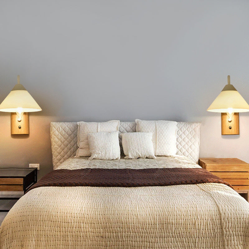 Sikunuo | Milk glass conical wall lamp dining room corridor 1 light modern wall light with wooden base