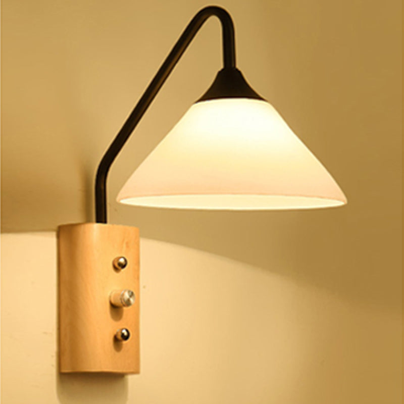Sikunuo | Milk glass conical wall lamp dining room corridor 1 light modern wall light with wooden base