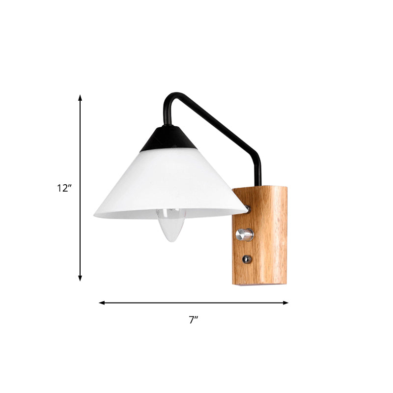 Sikunuo | Milk glass conical wall lamp dining room corridor 1 light modern wall light with wooden base