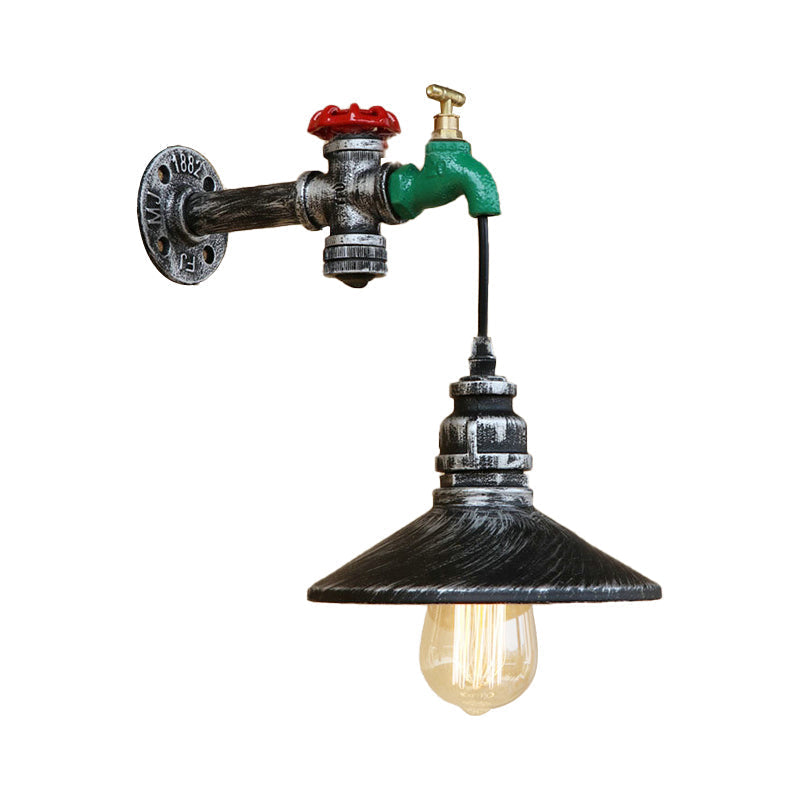 Sikunuo | Steampunk Wall Lamp with Conical Shade 1 Lamp Cast Iron Wall Light in Aged Silver