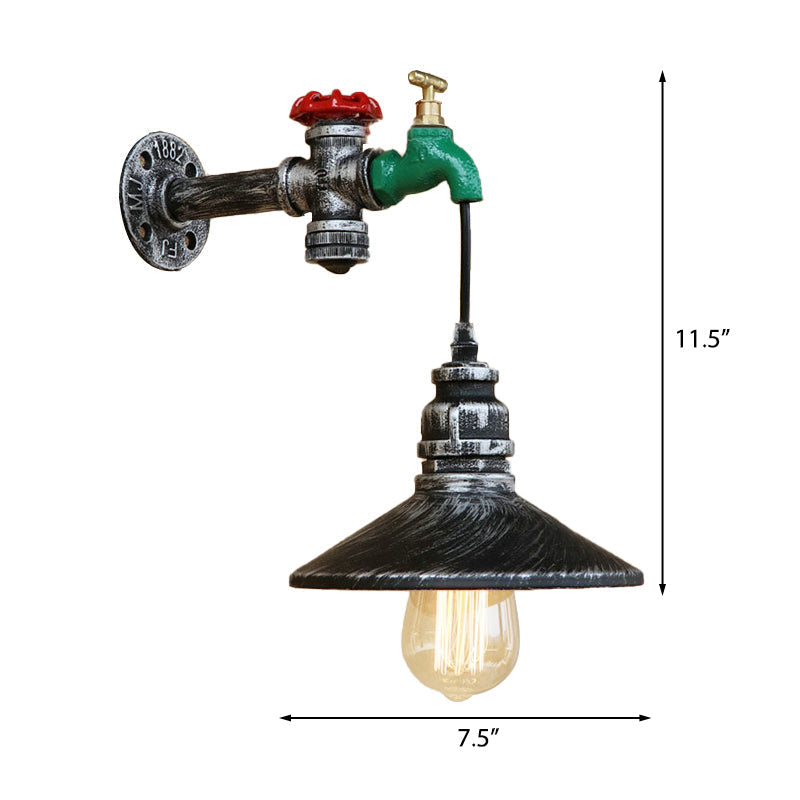 Sikunuo | Steampunk Wall Lamp with Conical Shade 1 Lamp Cast Iron Wall Light in Aged Silver