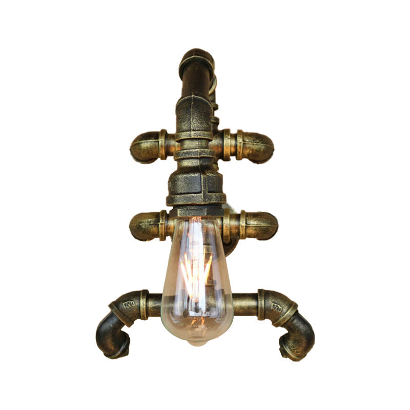 Sikunuo | Expose Bulb Bathroom Wall Lighting Steampunk Iron 1 Light Antique Brass Wall Lamp with Curved Pipe