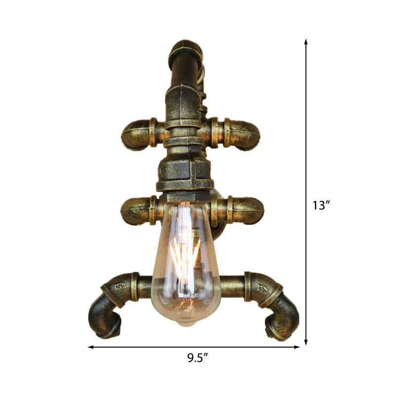 Sikunuo | Expose Bulb Bathroom Wall Lighting Steampunk Iron 1 Light Antique Brass Wall Lamp with Curved Pipe
