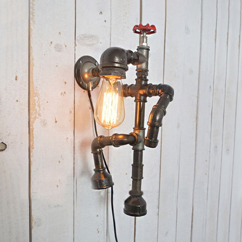 Sikunuo | Bronze Finish Robot Sconce Light with Expose Bulb and Red Valve Vintage Metallic 1 Head Corridor Wall Lighting