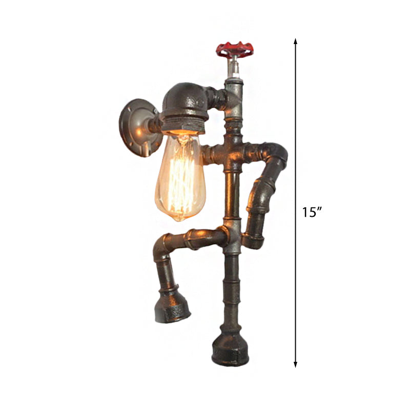 Sikunuo | Bronze Finish Robot Sconce Light with Expose Bulb and Red Valve Vintage Metallic 1 Head Corridor Wall Lighting