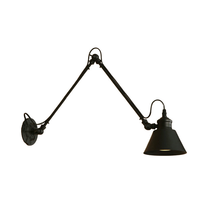 Sikunuo | 1 Head Cone-Shaped Wall Mount Retro Style Black/Chrome Metal Swing Arm Wall Light for the Study