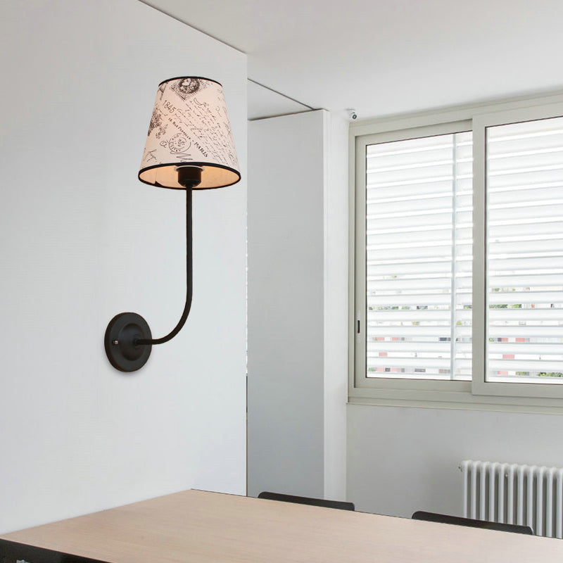 Sikunuo | Vintage Conical Wall Lamp 1 Head Fabric and Metal Wall Mount Fixture with Curved Arm in White