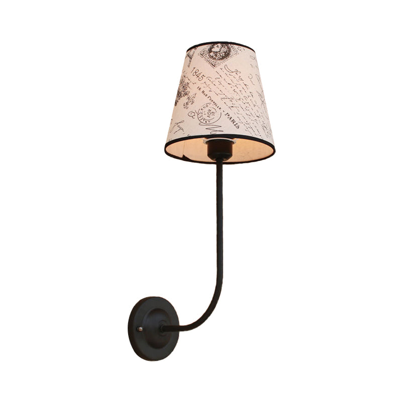 Sikunuo | Vintage Conical Wall Lamp 1 Head Fabric and Metal Wall Mount Fixture with Curved Arm in White