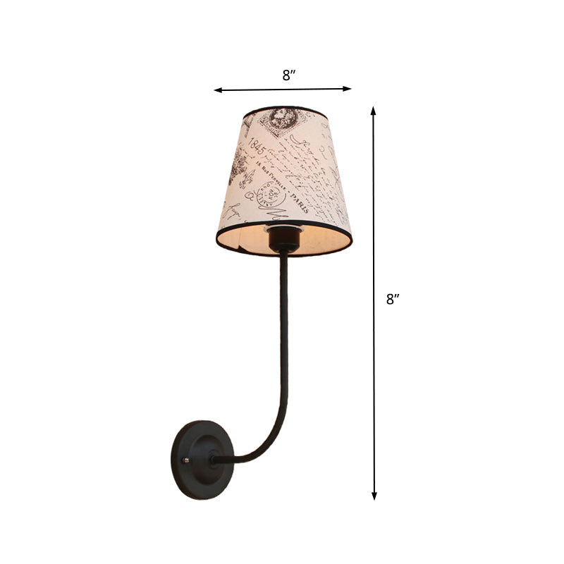 Sikunuo | Vintage Conical Wall Lamp 1 Head Fabric and Metal Wall Mount Fixture with Curved Arm in White