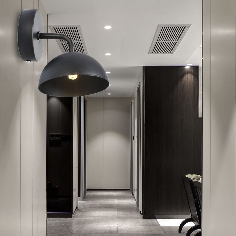 Sikunuo | 1 Light Wall Lamp Industrial Dome Shade Metal Down Wall Light with Curved Arm in Black/Bronze for Bedroom
