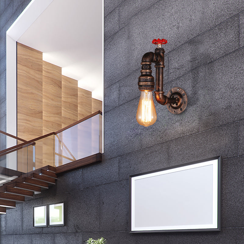 Sikunuo | Rustic Style Pipe Wall Sconce with Valve Wheel 1 Bulb Wrought Iron Wall Mounted Light in Bronze