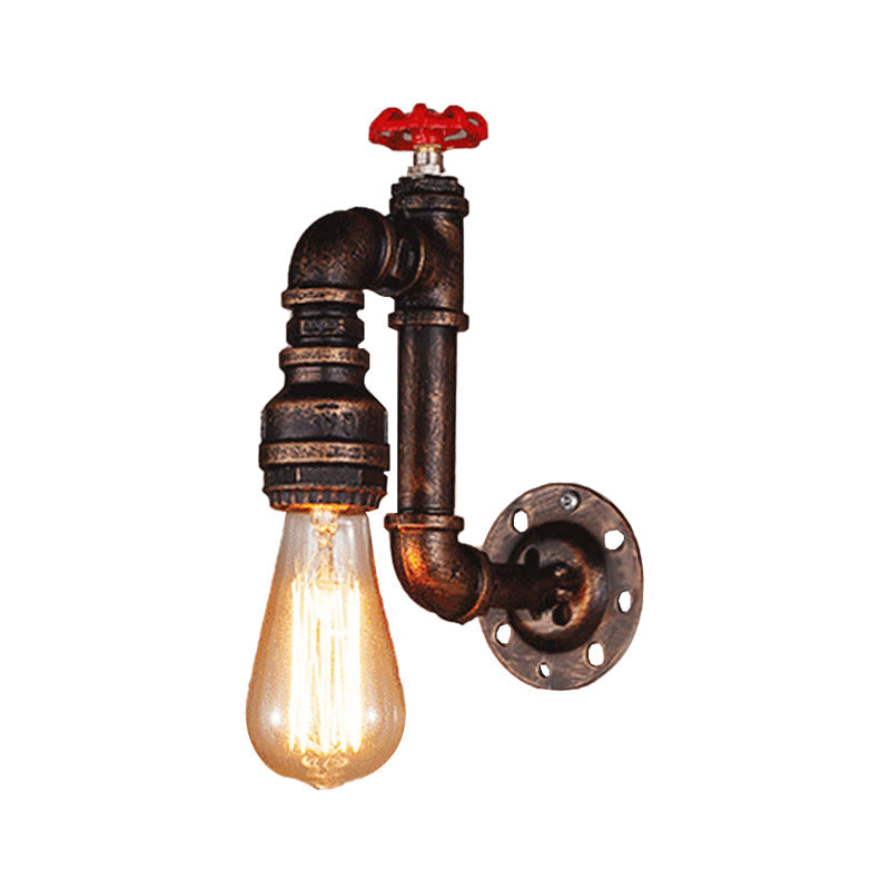 Sikunuo | Rustic Style Pipe Wall Sconce with Valve Wheel 1 Bulb Wrought Iron Wall Mounted Light in Bronze