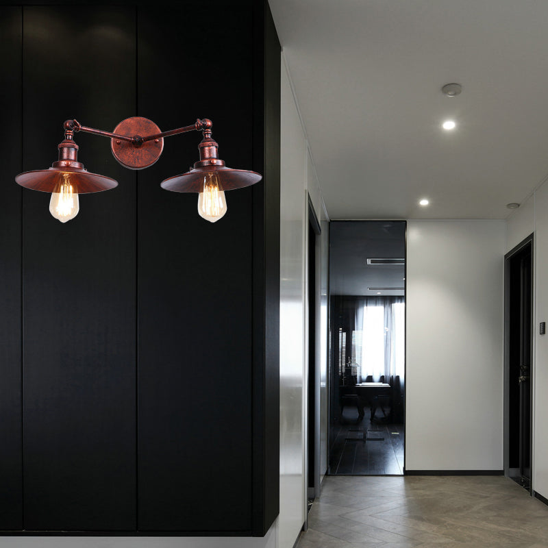 Sikunuo | 2 Lamps Flat Shade Wall Lighting Industrial Style Brass/Rust Metal Wall Mounted Light for Hallway
