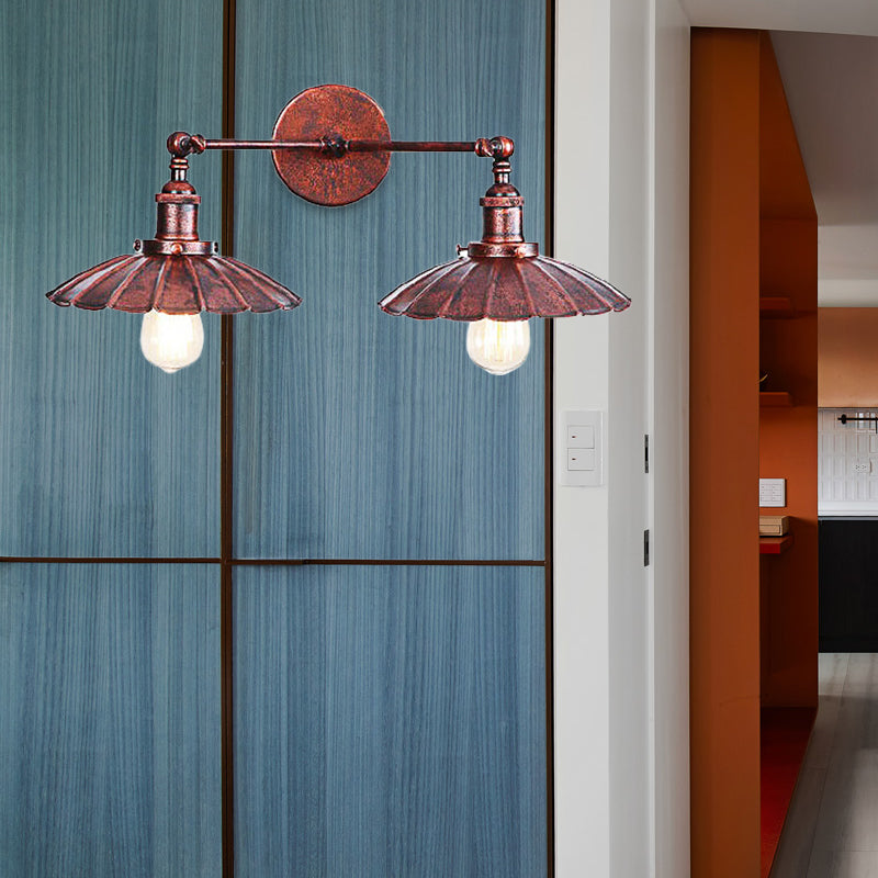 Sikunuo | Antique Stylish Ribbed Edge Wall Lamp 2 Heads Metal Wall Mounted Light in Brass/Rust for Bedroom